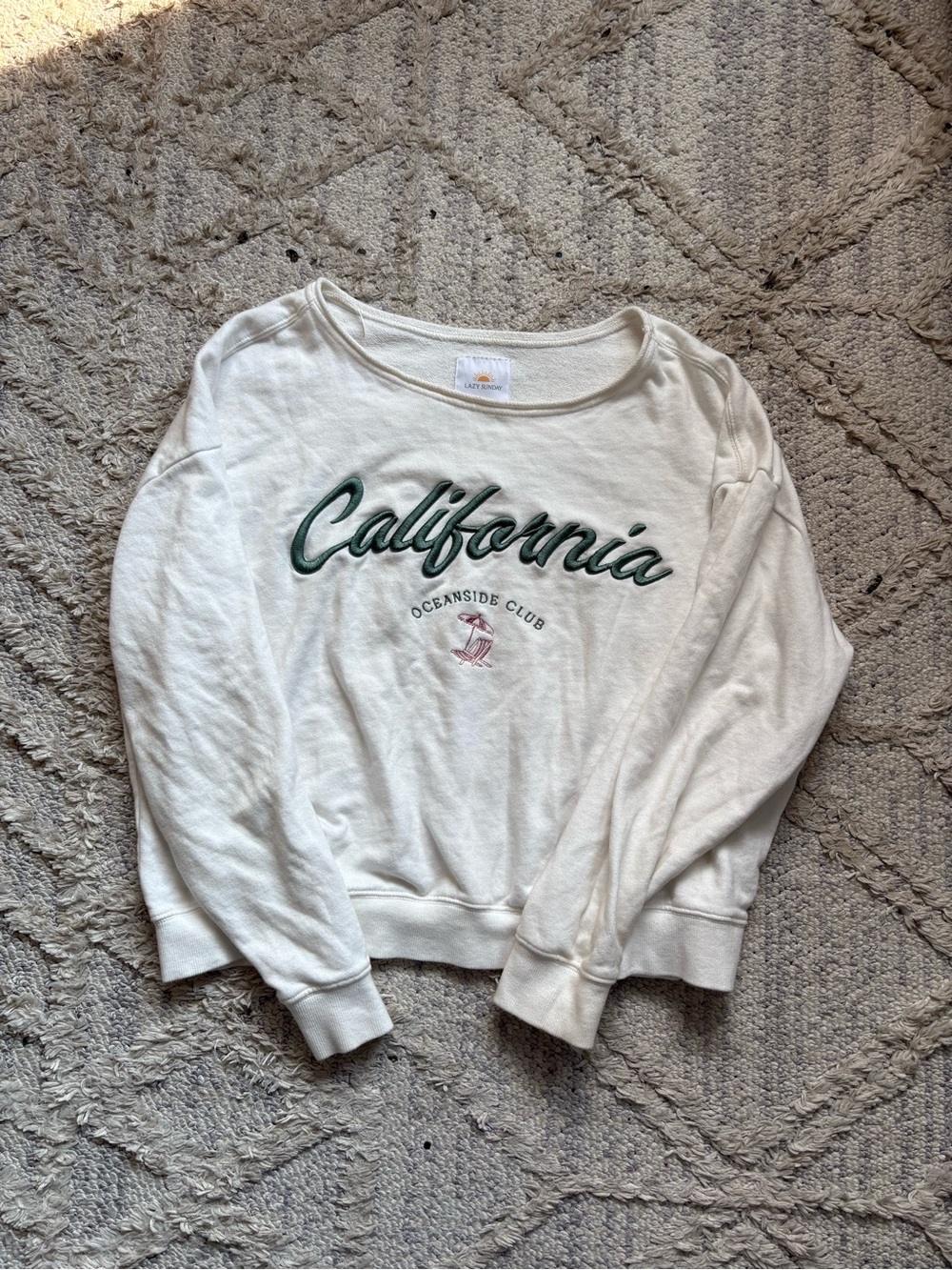 Sunday White Pullover Sweatshirt with Green 'California' Script
